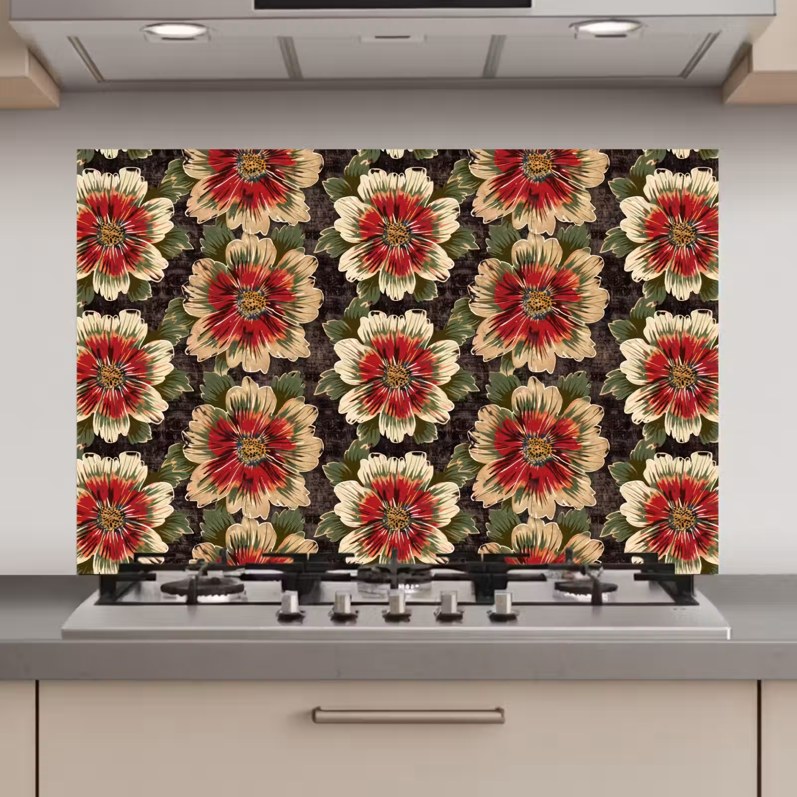 Spatscherm keuken - Bloemen - Klassiek - Patroon - Rood — 1