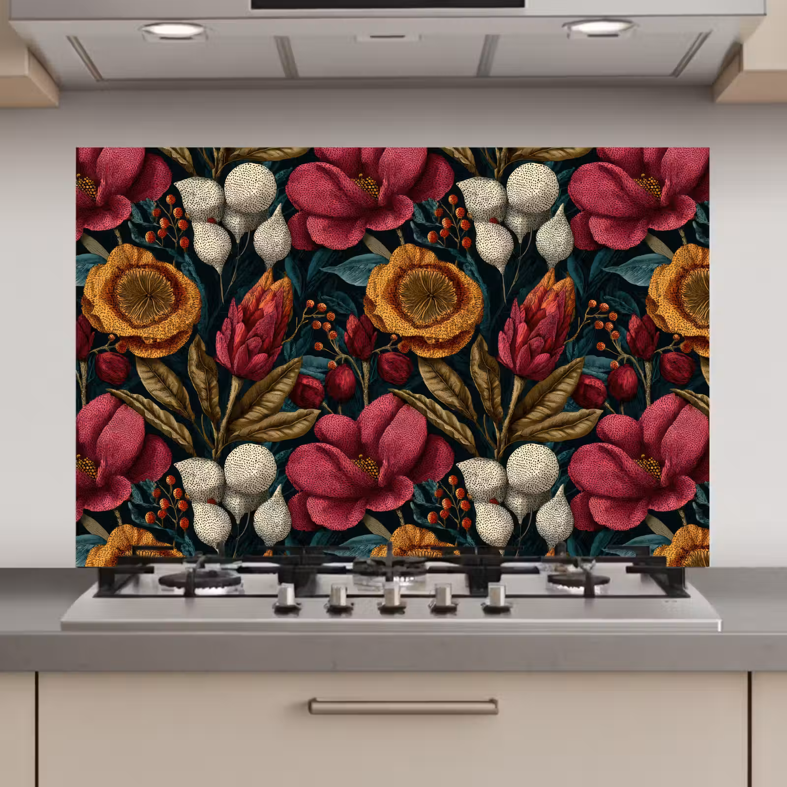 Spatscherm keuken - Bloemen - Patroon - Rood - Goud — 1