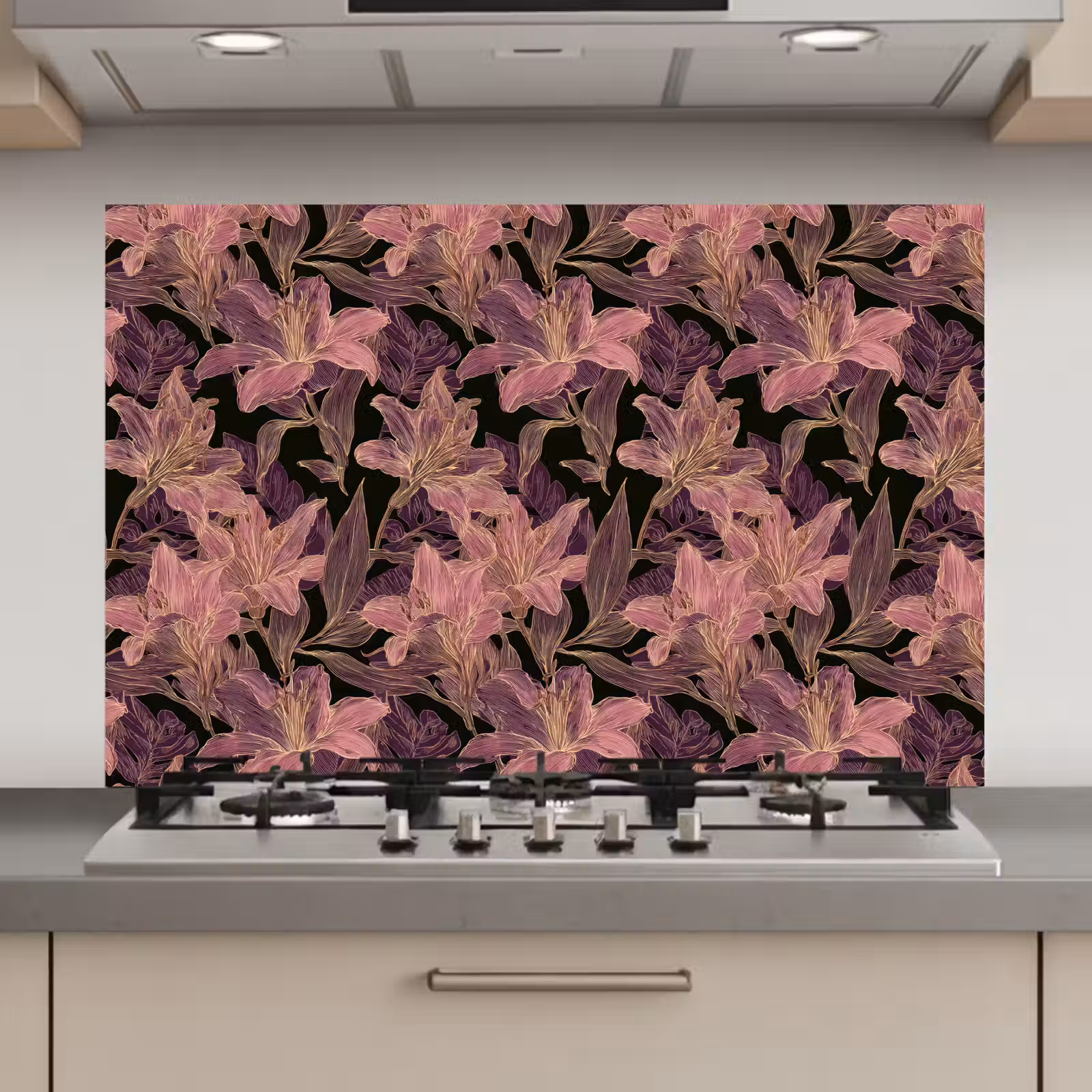 Spatscherm keuken - Lelies - Patroon - Paars - Goud — 1