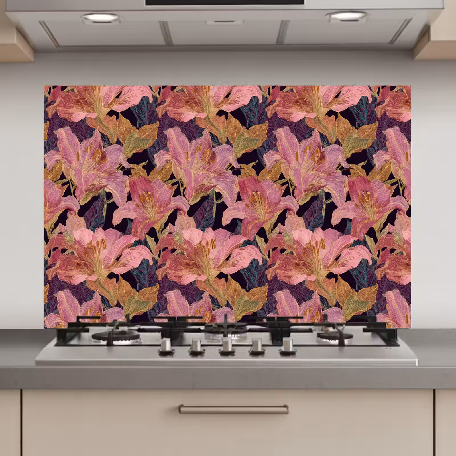 Spatscherm keuken - Lelies - Patroon - Roze - Goud — 1
