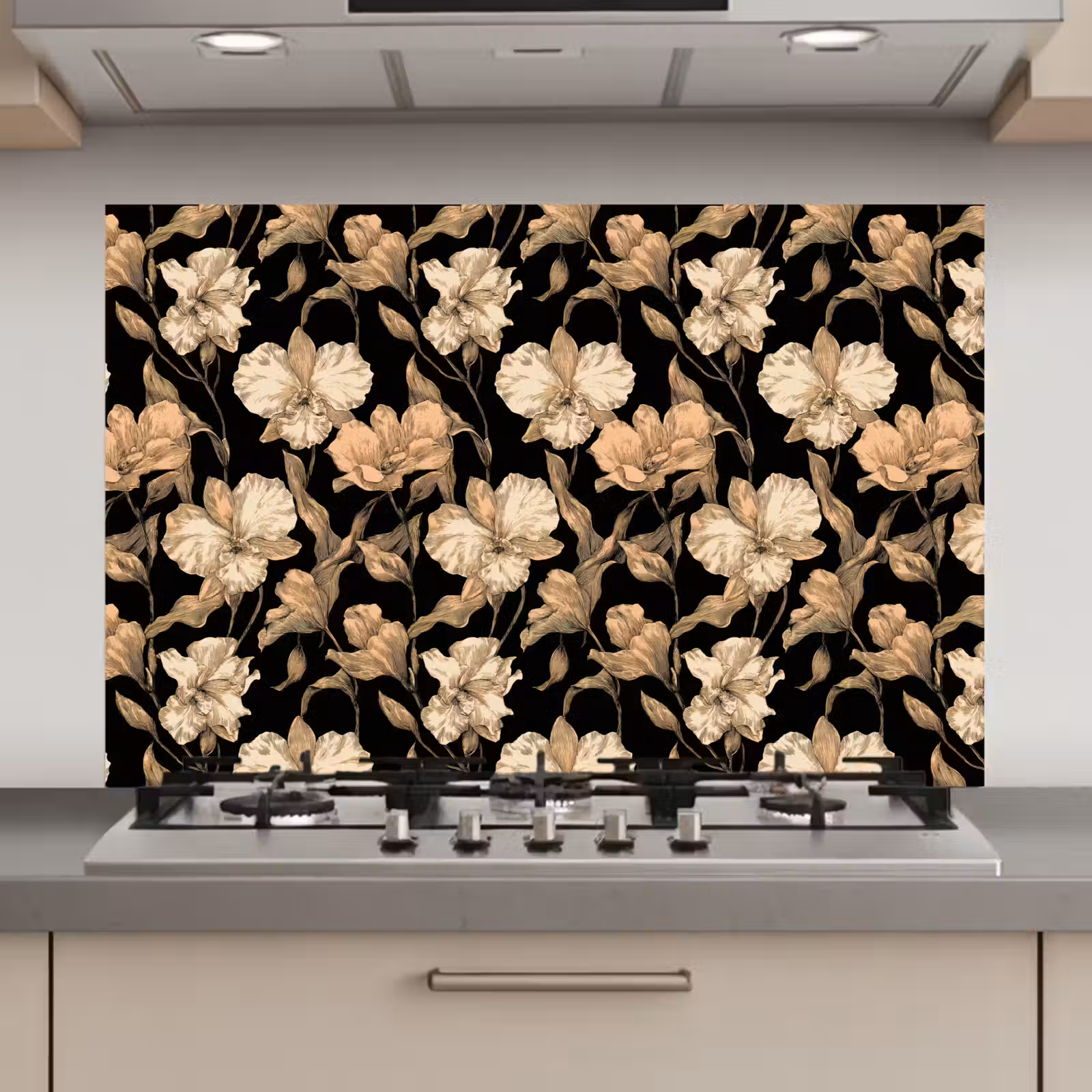 Spatscherm keuken - Orchideeën - Lijntekening - Patroon - Beige - Zwart — 1