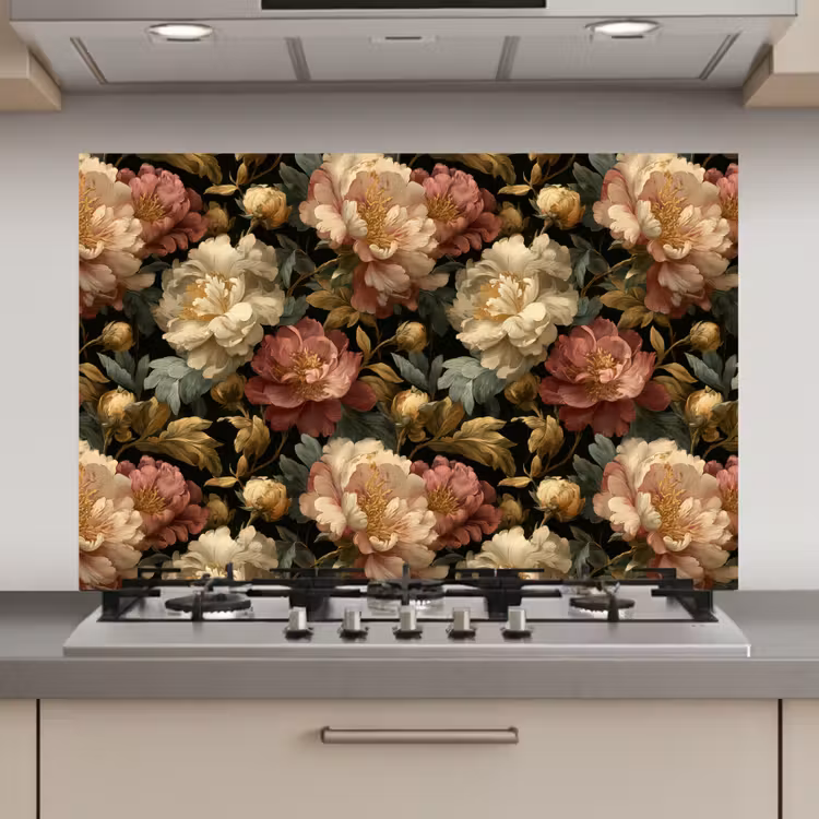 Spatscherm keuken - Bloemen - Barok - Patroon - Roze - Crème — 1