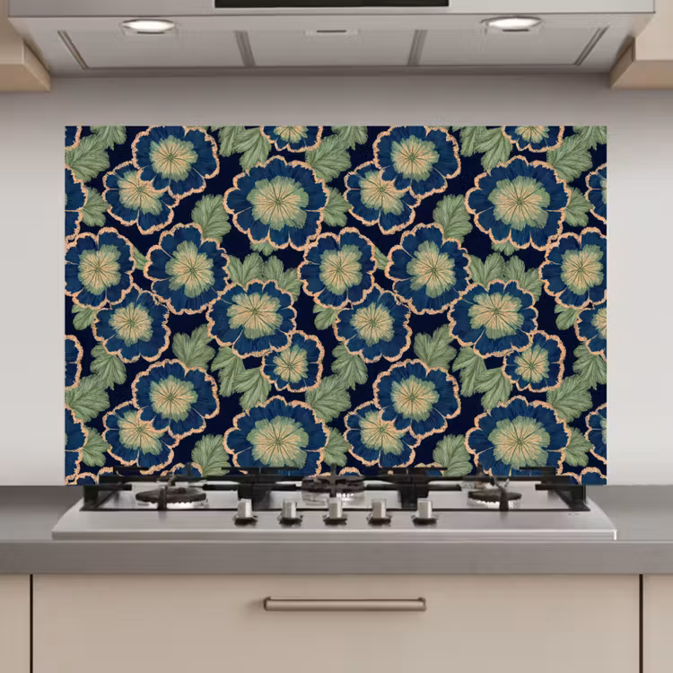 Spatscherm keuken - Bloemen - Borduurwerk - Patroon - Blauw - Groen — 1