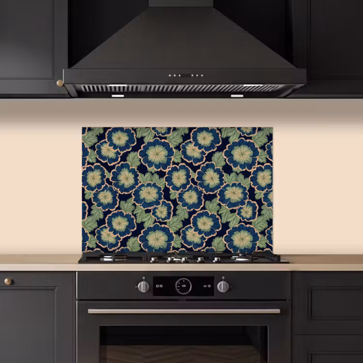 Spatscherm keuken - Bloemen - Borduurwerk - Patroon - Blauw - Groen — 2