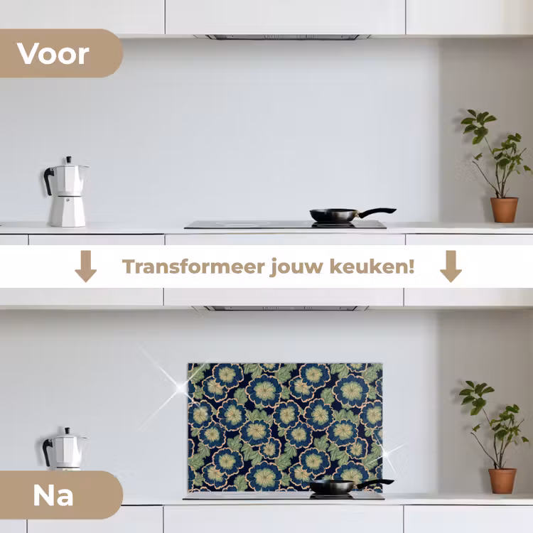 Spatscherm keuken - Bloemen - Borduurwerk - Patroon - Blauw - Groen — 3