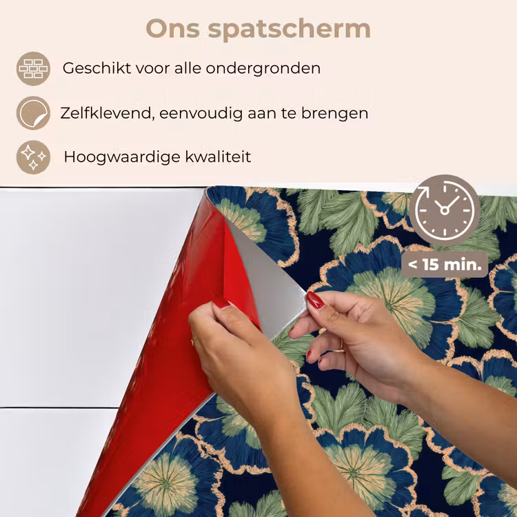 Spatscherm keuken - Bloemen - Borduurwerk - Patroon - Blauw - Groen — 4