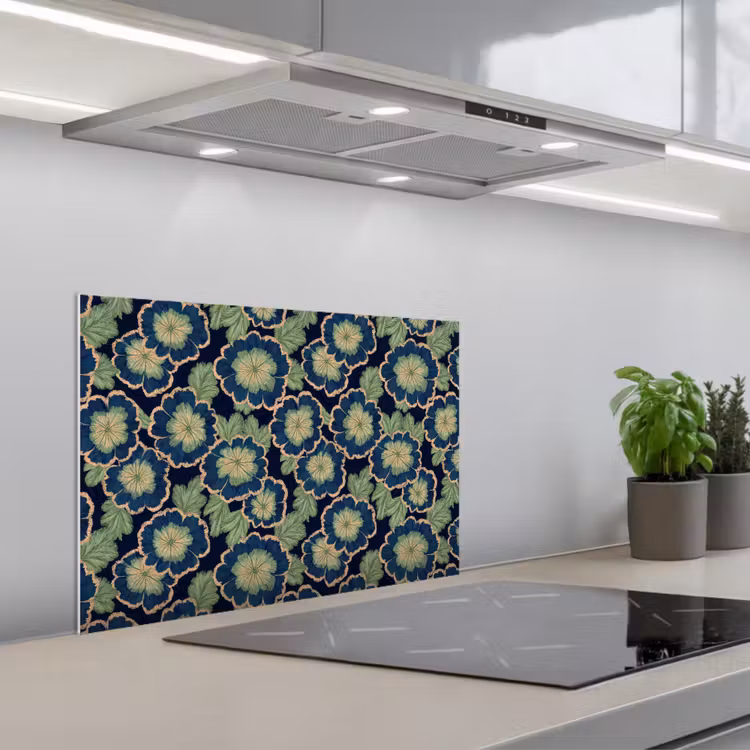 Spatscherm keuken - Bloemen - Borduurwerk - Patroon - Blauw - Groen — 5