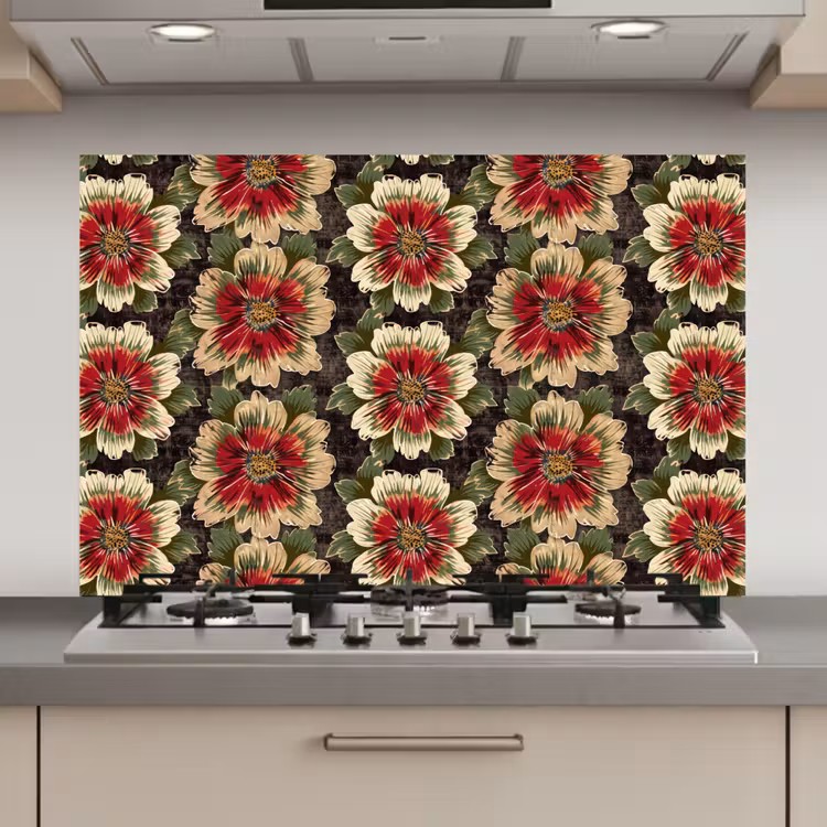 Spatscherm keuken - Bloemen - Klassiek - Patroon - Rood — 1
