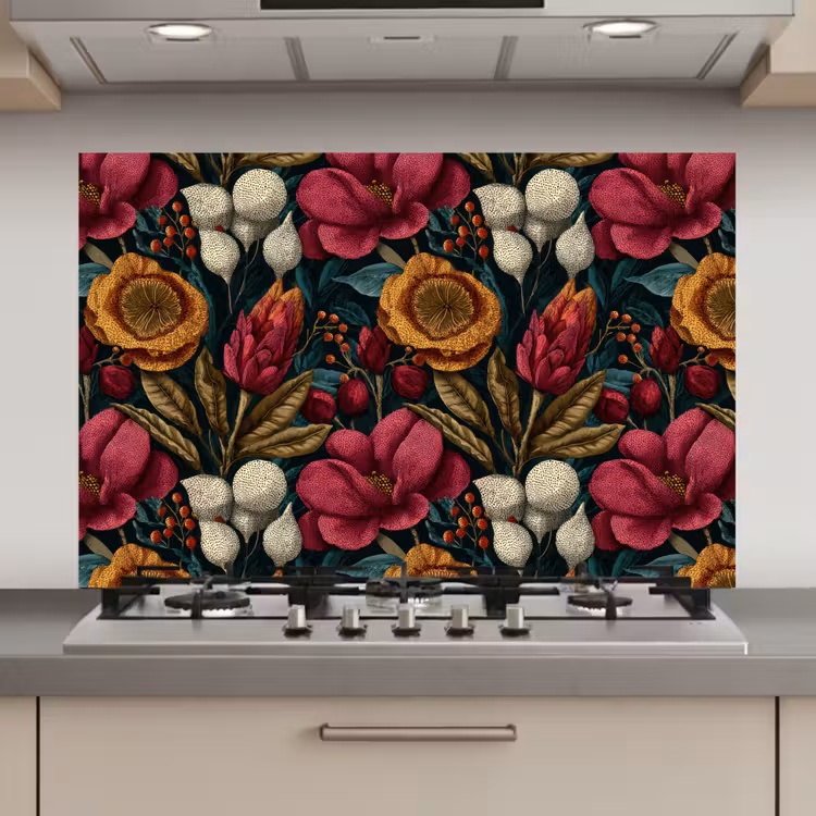 Spatscherm keuken - Bloemen - Patroon - Rood - Goud — 1