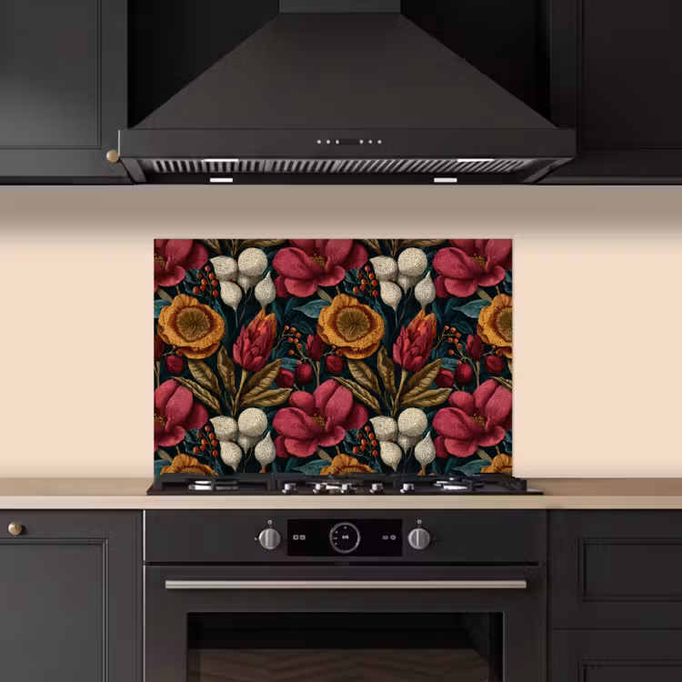 Spatscherm keuken - Bloemen - Patroon - Rood - Goud — 2
