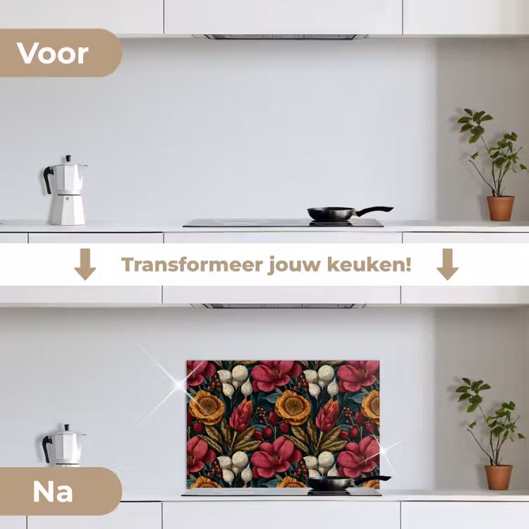 Spatscherm keuken - Bloemen - Patroon - Rood - Goud — 3