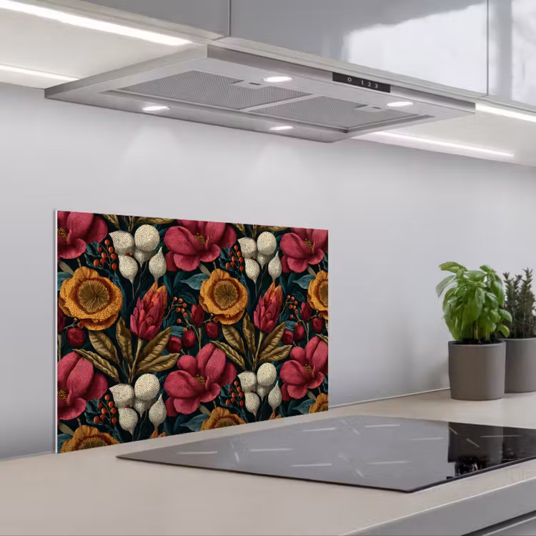 Spatscherm keuken - Bloemen - Patroon - Rood - Goud — 5