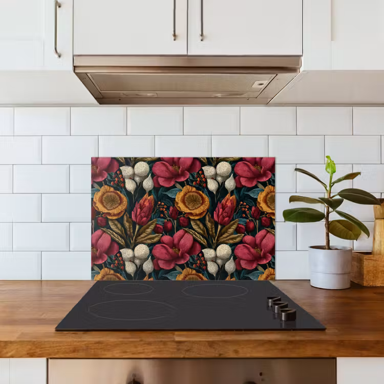 Spatscherm keuken - Bloemen - Patroon - Rood - Goud — 6