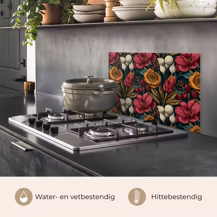 Spatscherm keuken - Bloemen - Patroon - Rood - Goud — 7