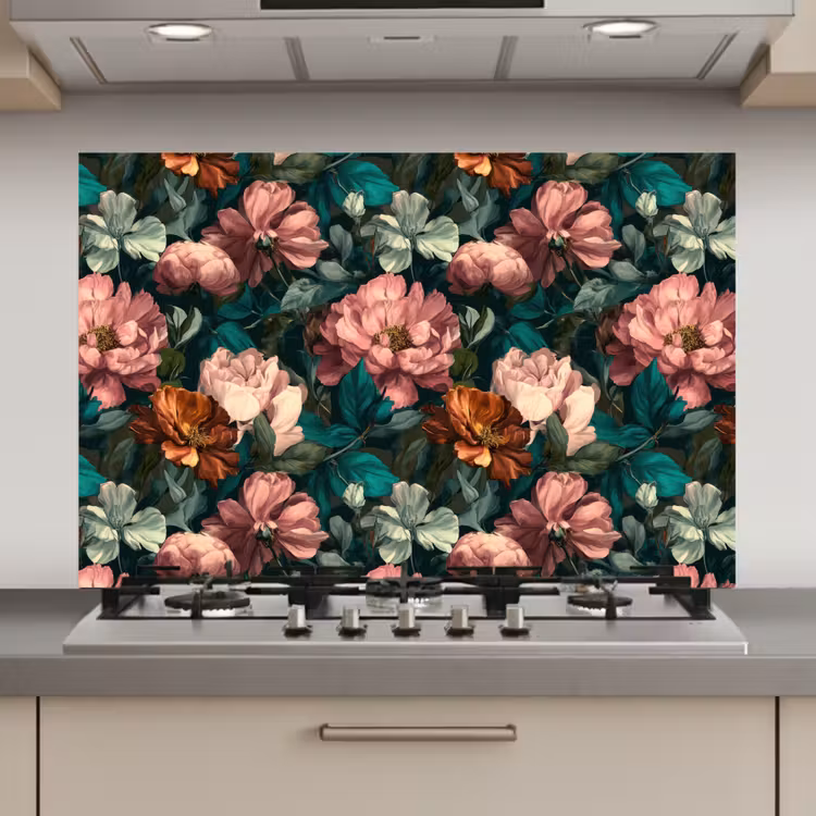 Spatscherm keuken - Bloemen - Schilderachtig - Patroon - Roze — 1