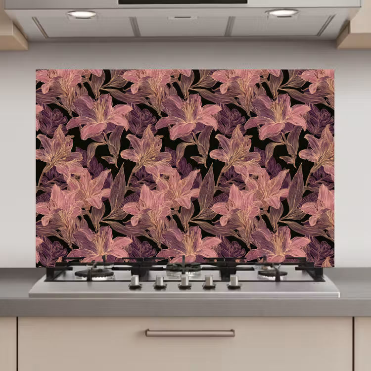 Spatscherm keuken - Lelies - Patroon - Paars - Goud — 1