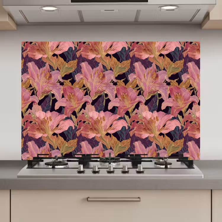 Spatscherm keuken - Lelies - Patroon - Roze - Goud — 1