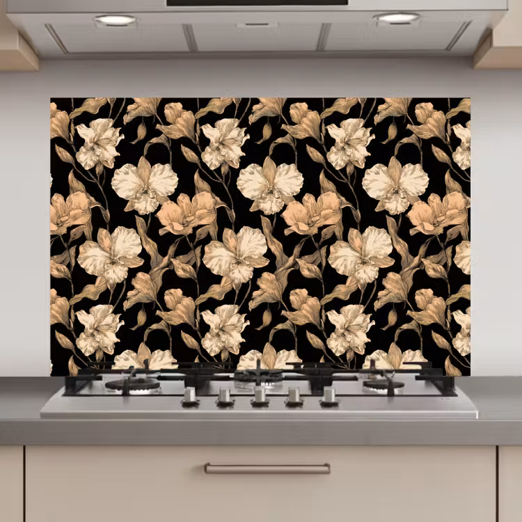 Spatscherm keuken - Orchideeën - Lijntekening - Patroon - Beige - Zwart — 1