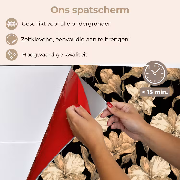 Spatscherm keuken - Orchideeën - Lijntekening - Patroon - Beige - Zwart — 4