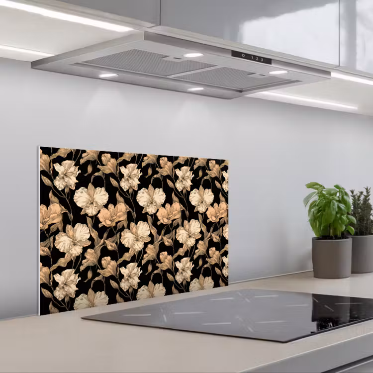 Spatscherm keuken - Orchideeën - Lijntekening - Patroon - Beige - Zwart — 5