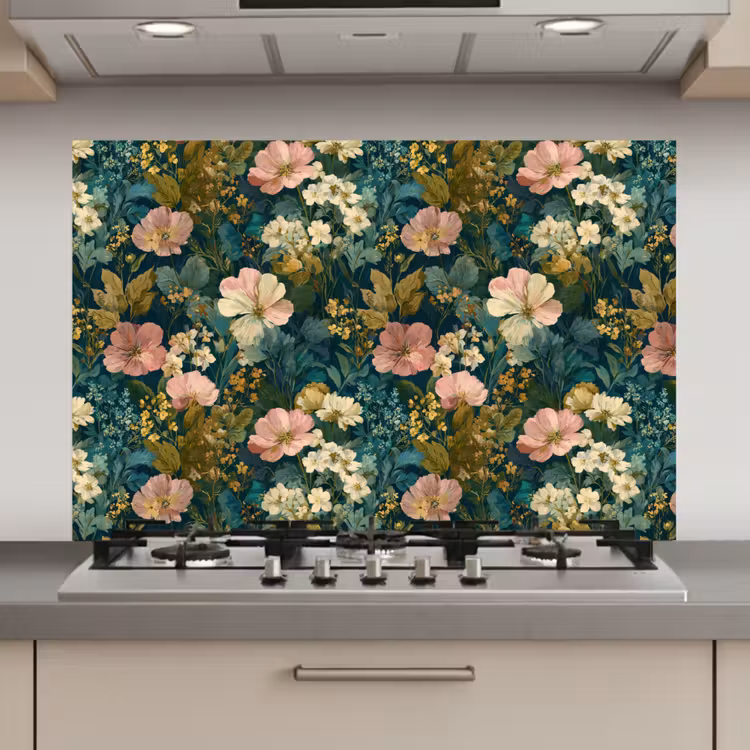 Spatscherm keuken - Wilde bloemen - Botanisch - Patroon - Roze - Romantisch — 1