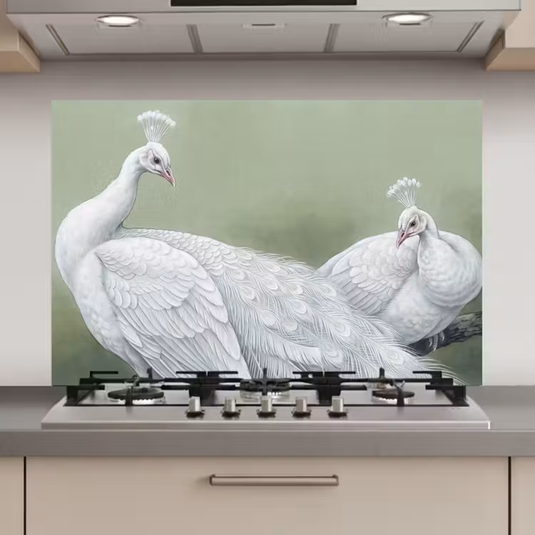 Spatscherm keuken - Pauwen - Wit - Natuur - Groen — 1