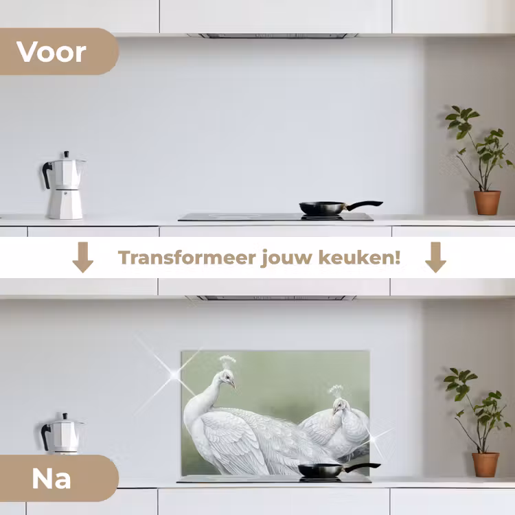 Spatscherm keuken - Pauwen - Wit - Natuur - Groen — 3