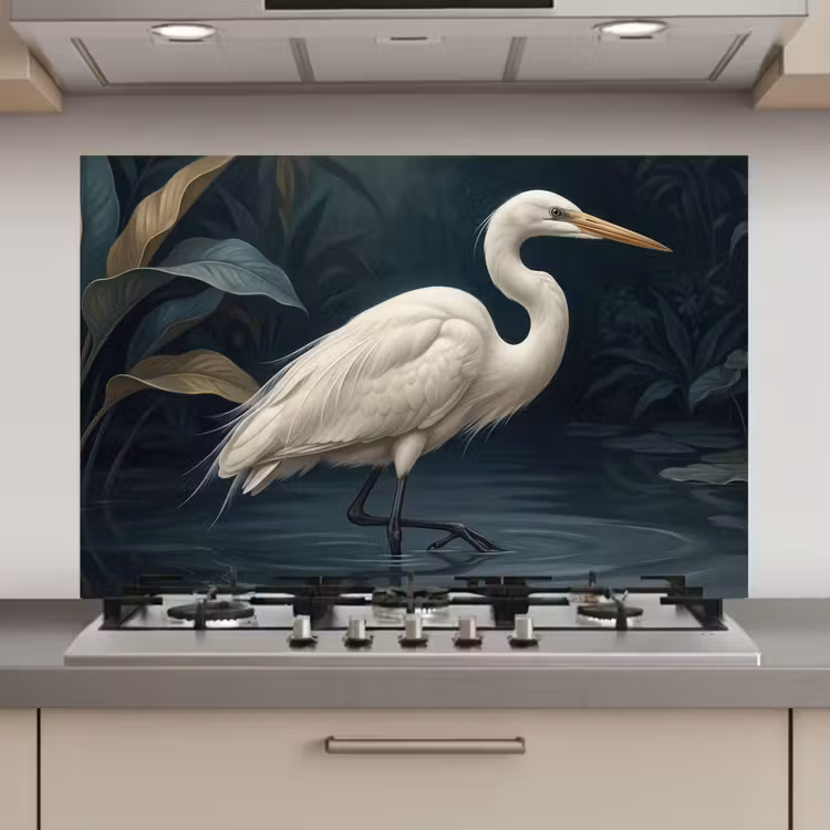 Spatscherm keuken - Reiger - Water - Natuur - Modern - Wit — 1