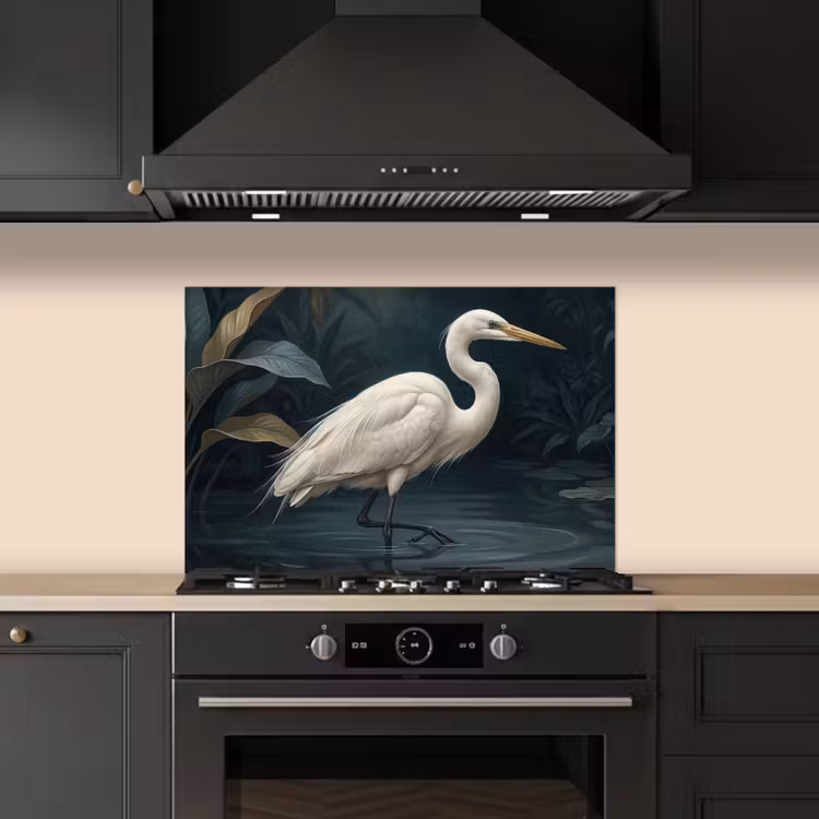 Spatscherm keuken - Reiger - Water - Natuur - Modern - Wit — 2