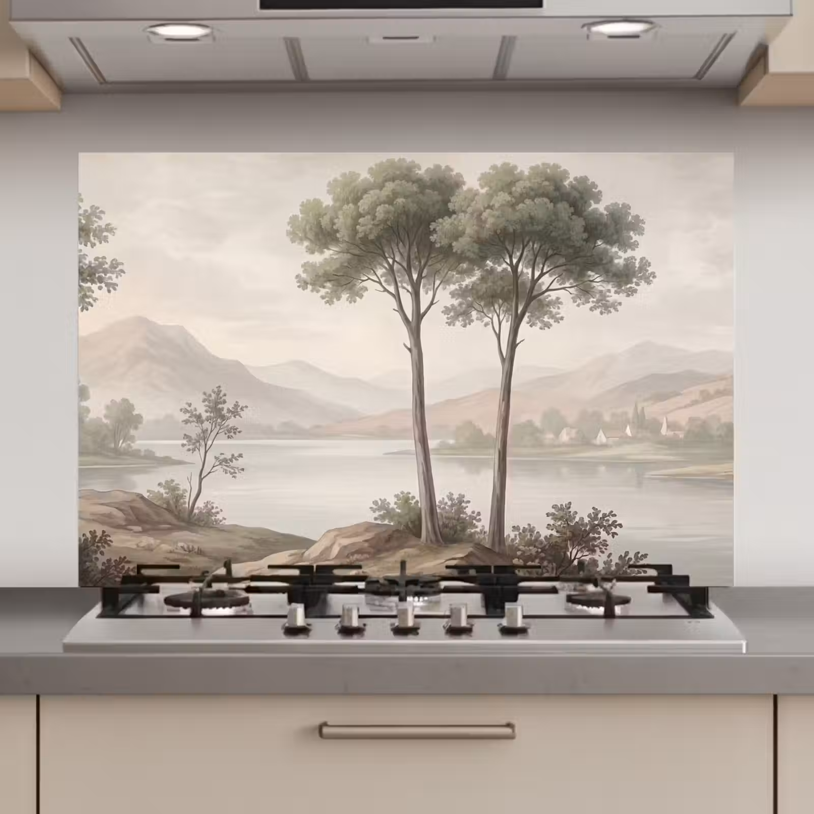 Spatscherm keuken - Bomen - Meer - Bergen - Illustratie — 1