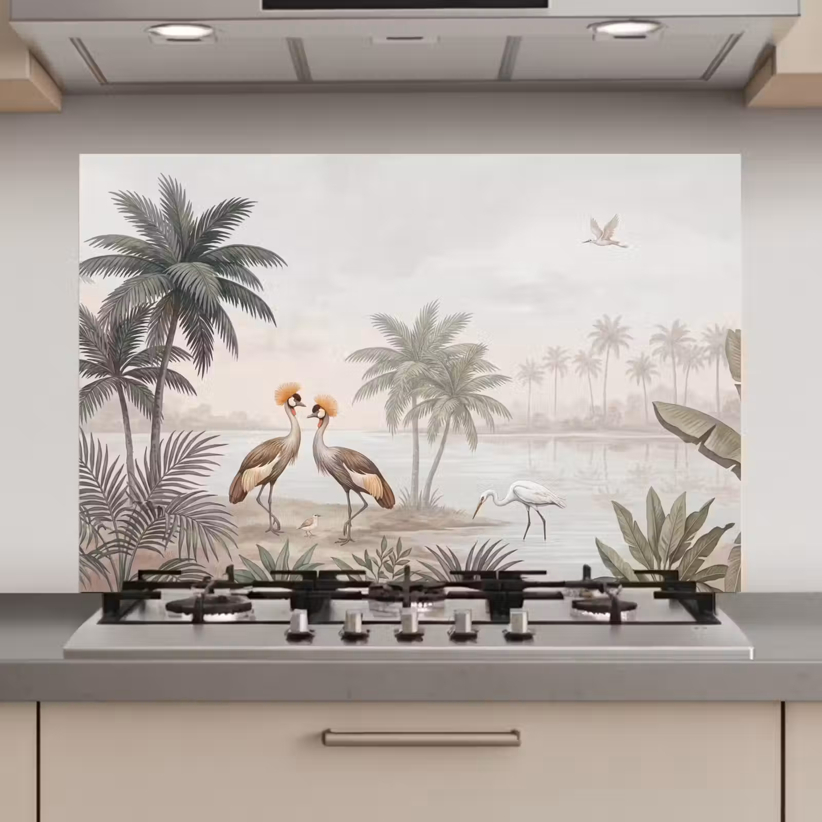 Spatscherm keuken - Kraanvogels - Palmbomen - Tropisch — 1