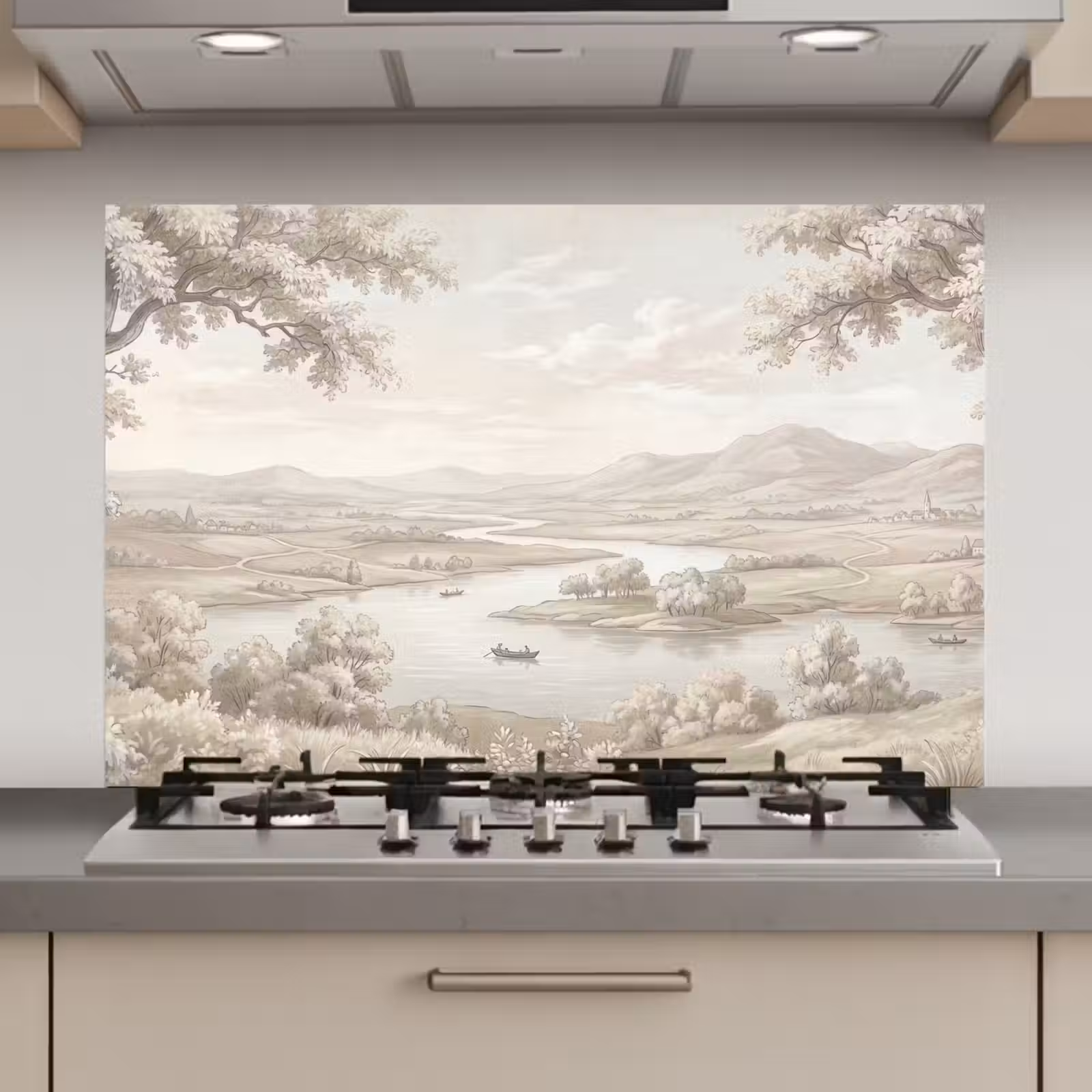 Spatscherm keuken - Rivierlandschap - Bergen - Natuur - Vintage - Beige — 1