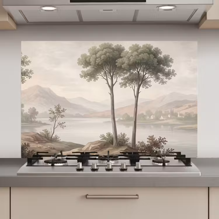 Spatscherm keuken - Bomen - Meer - Bergen - Illustratie — 1