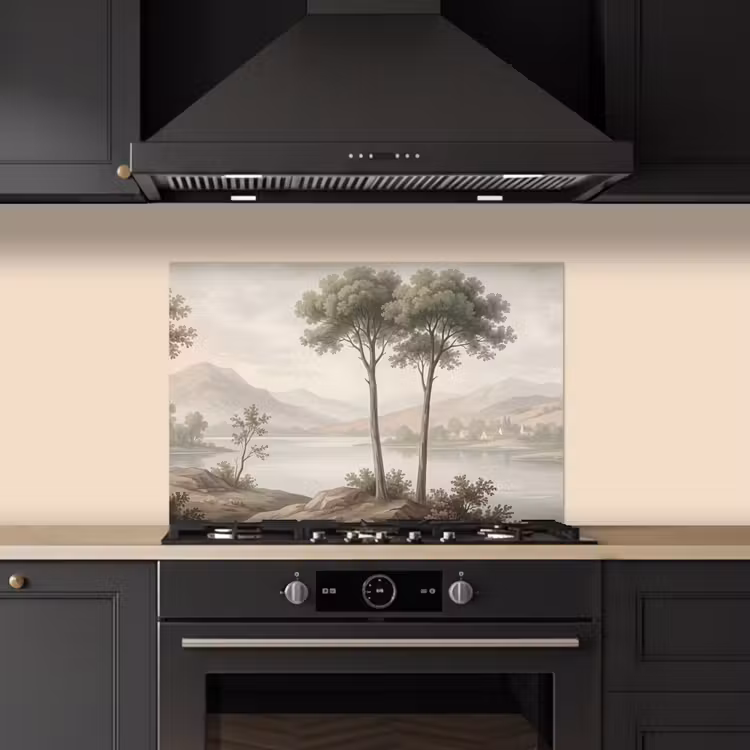 Spatscherm keuken - Bomen - Meer - Bergen - Illustratie — 2