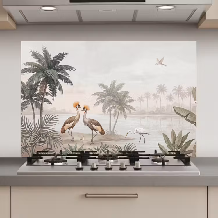 Spatscherm keuken - Kraanvogels - Palmbomen - Tropisch — 1