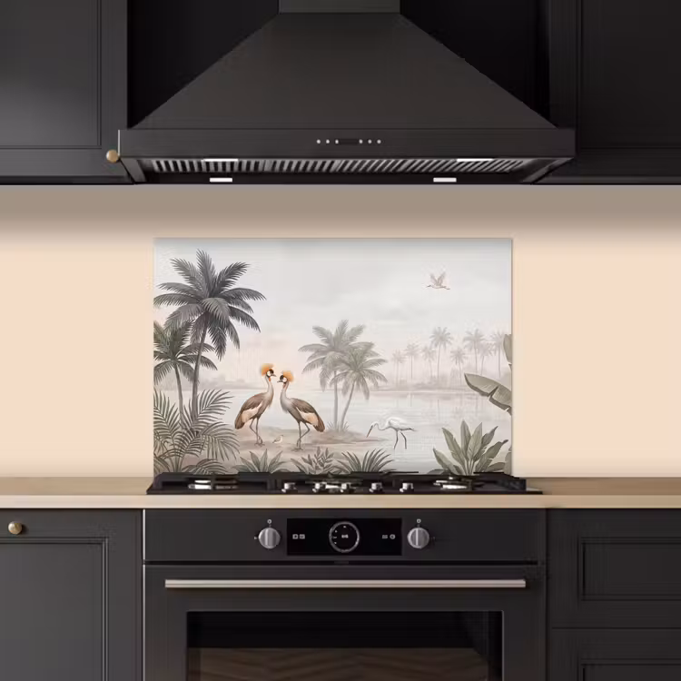 Spatscherm keuken - Kraanvogels - Palmbomen - Tropisch — 2