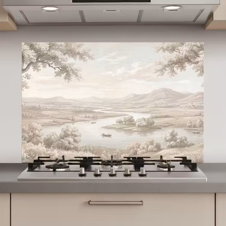Spatscherm keuken - Rivierlandschap - Bergen - Natuur - Vintage - Beige — 1
