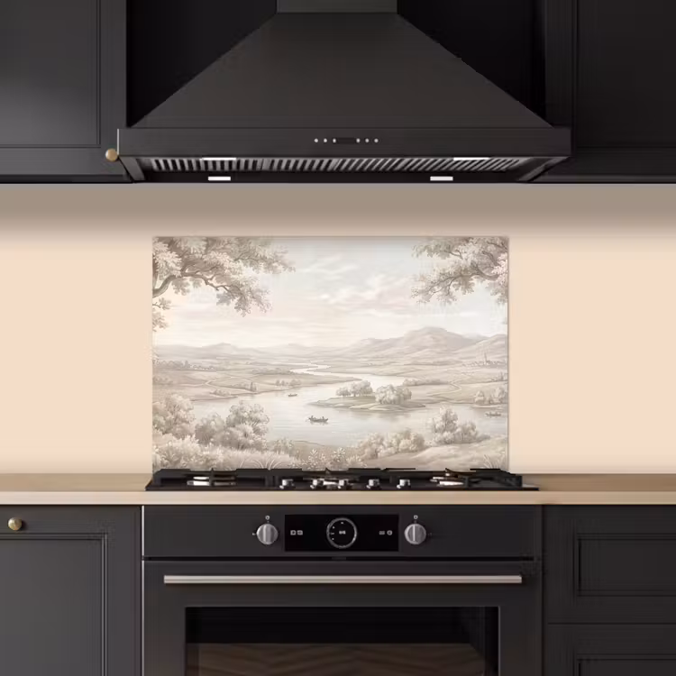 Spatscherm keuken - Rivierlandschap - Bergen - Natuur - Vintage - Beige — 2