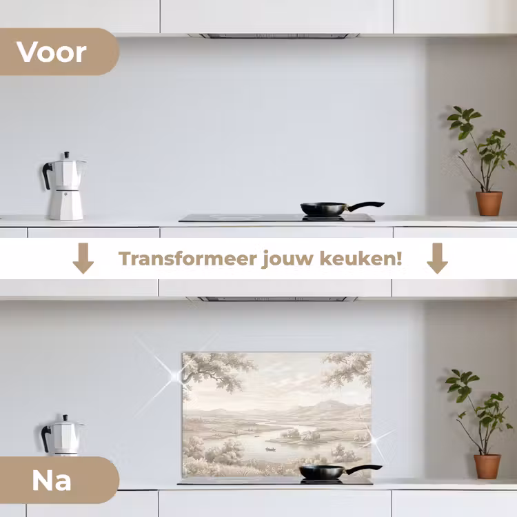 Spatscherm keuken - Rivierlandschap - Bergen - Natuur - Vintage - Beige — 3