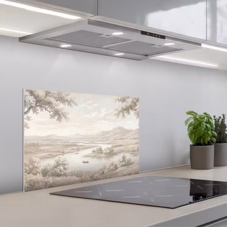 Spatscherm keuken - Rivierlandschap - Bergen - Natuur - Vintage - Beige — 5