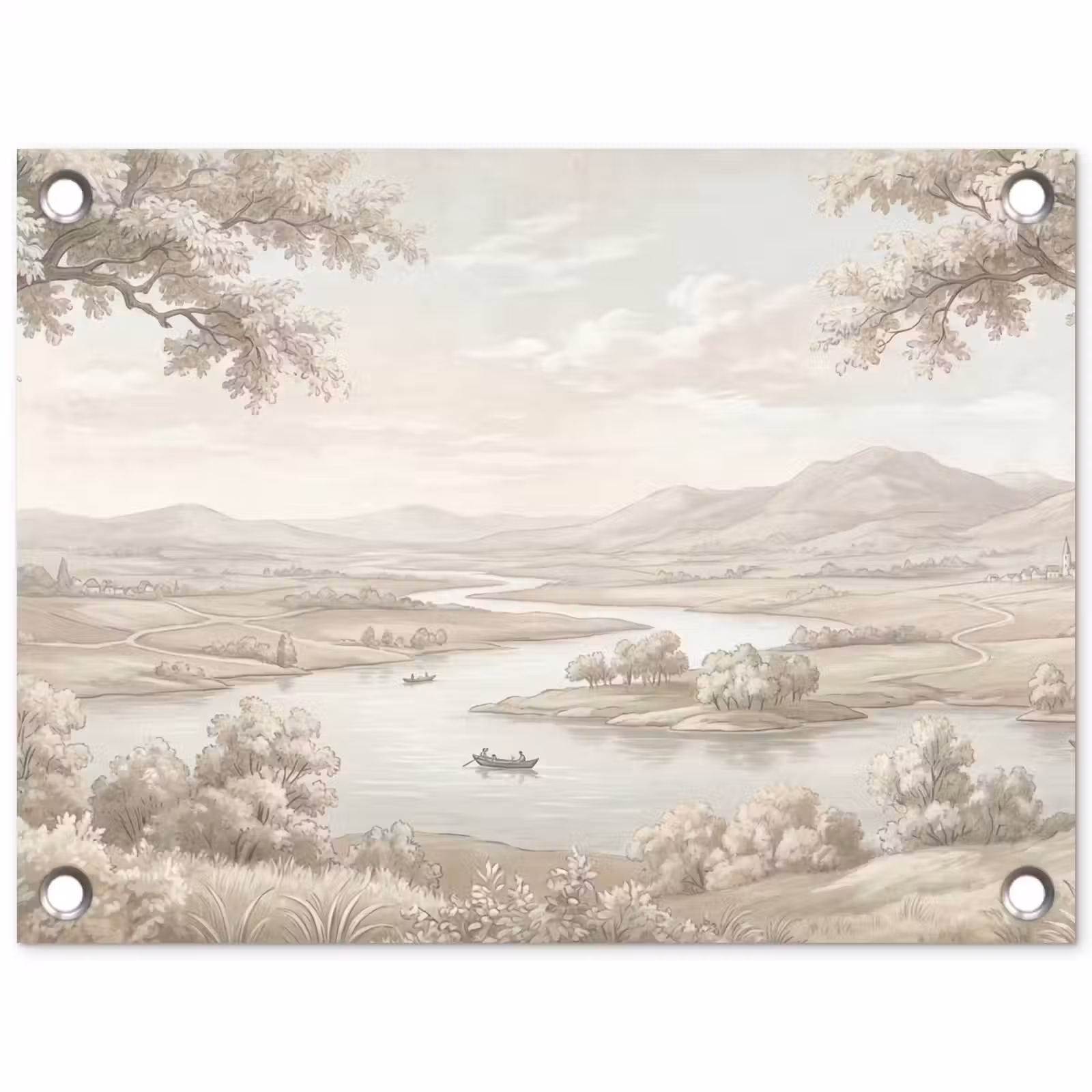 Tuinposter - Rivierlandschap - Bergen - Natuur - Vintage - Beige — 1