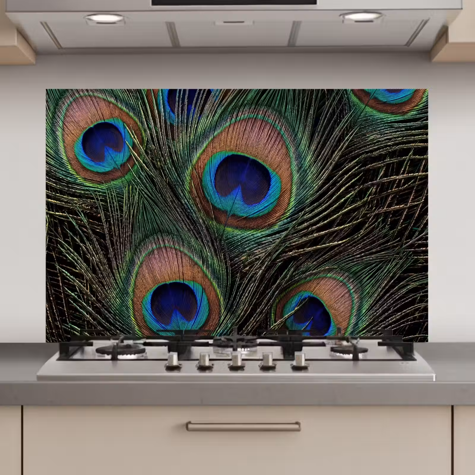 Spatscherm keuken - Pauwenveren - Klassiek - Groen — 1