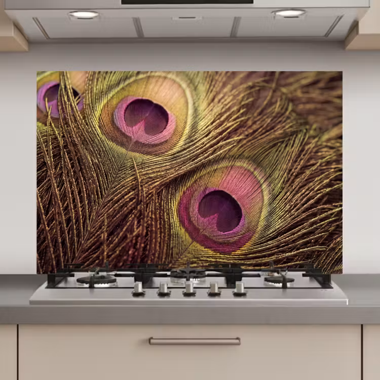 Spatscherm keuken - Pauw - Veren - Paars - Groen — 1