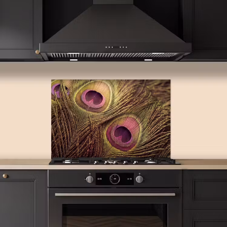 Spatscherm keuken - Pauw - Veren - Paars - Groen — 2