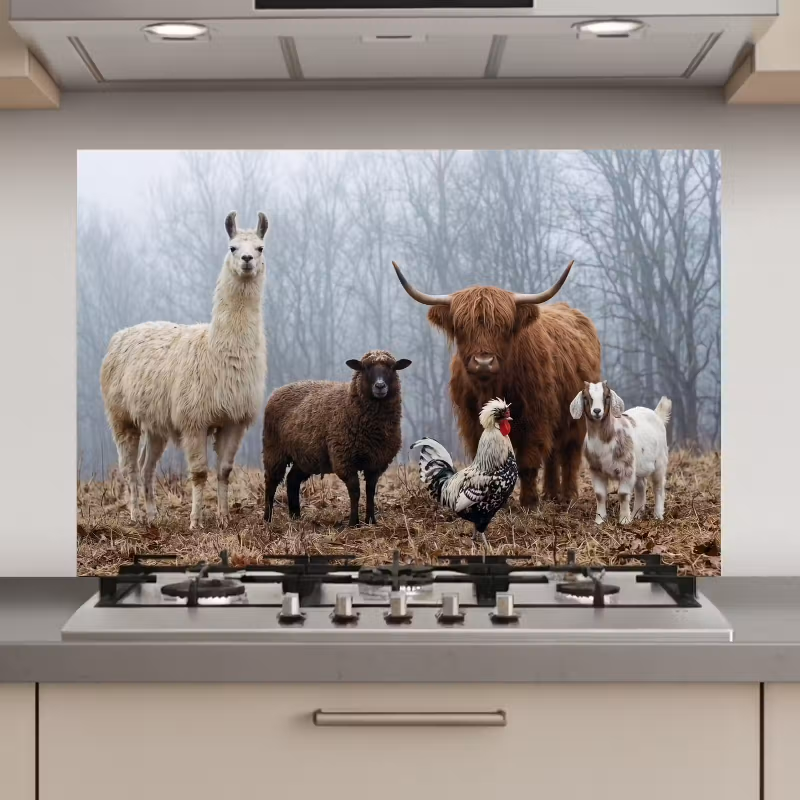 Spatscherm keuken - Boerderijdieren - Groep - Mist - Natuur - Rustiek — 1