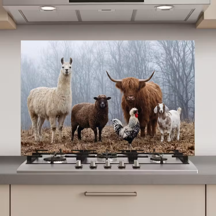 Spatscherm keuken - Boerderijdieren - Groep - Mist - Natuur - Rustiek — 1