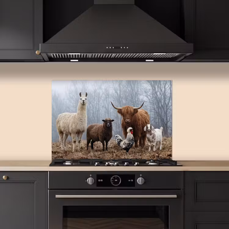 Spatscherm keuken - Boerderijdieren - Groep - Mist - Natuur - Rustiek — 2