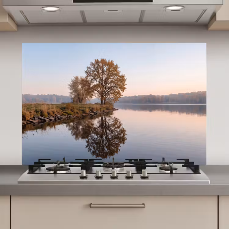 Spatscherm keuken - Bomen - Reflectie - Water - Zonsopgang - Serene — 1