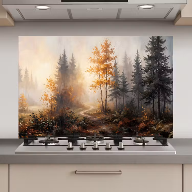 Spatscherm keuken - Bospad - Herfstbladeren - Natuur - Schilderachtig - Oranje — 1