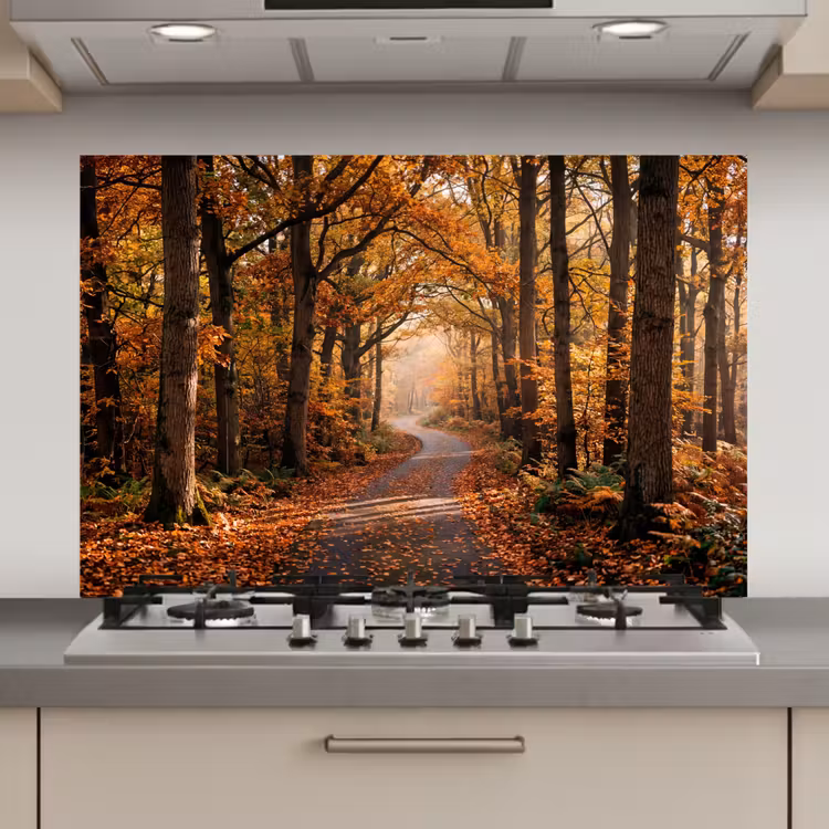 Spatscherm keuken - Bospad - Herfstbos - Bladeren - Oranje - Nostalgisch — 1
